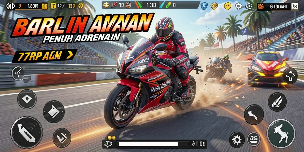 Screenshot utama 77RP menampilkan balapan motor yang seru dan grafis menawan.