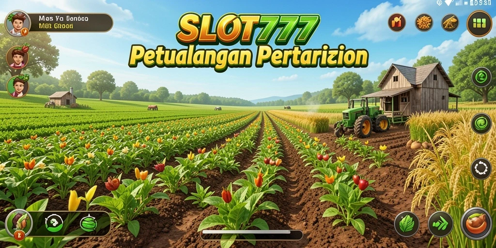 Screenshot utama SLOT777 menunjukkan gameplay bertani yang seru dan interaktif.
